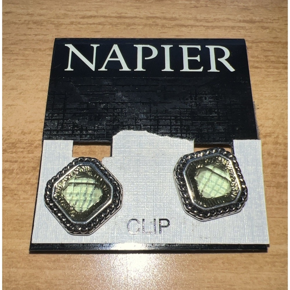 Napier‎  Clip-on Earrings With Green Cushion Cut Stones Silver Tone